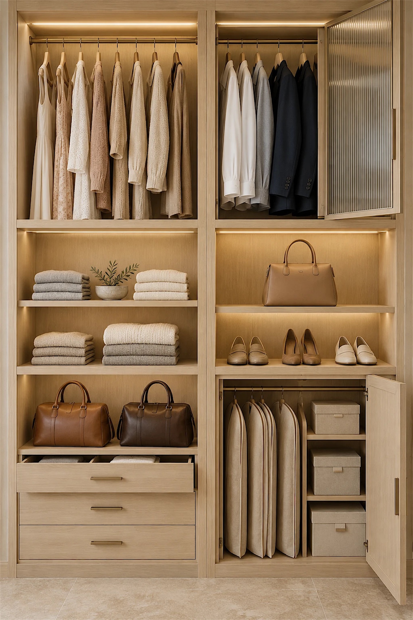 A continuous pale oak closet wall of six lit bays: a long-hang rail, a glass-front garment cabinet, folded knitwear, handbag niches, shoe shelves and deep drawers.